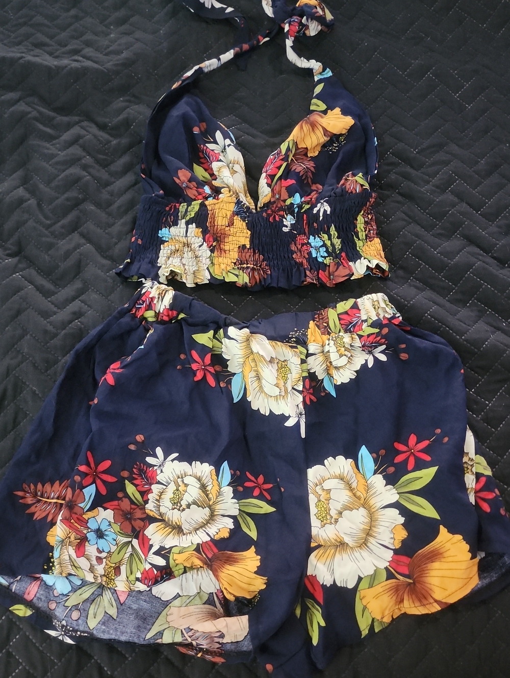 Navy Floral Two-Piece Halter Crop Top & Shorts Set